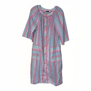 Vintage 80s 90s Models Coat Stripe House Dress Pearl Snap Front Pockets Large L